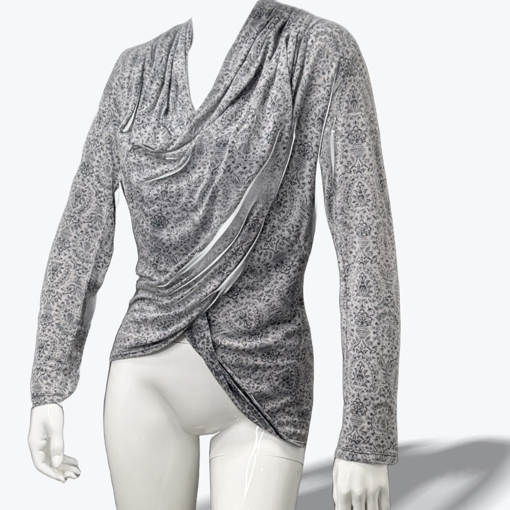 ERGE Draped Asymmetrical Top Womens Large Grey Damask Print Cowl Neck Tulip Hem‎